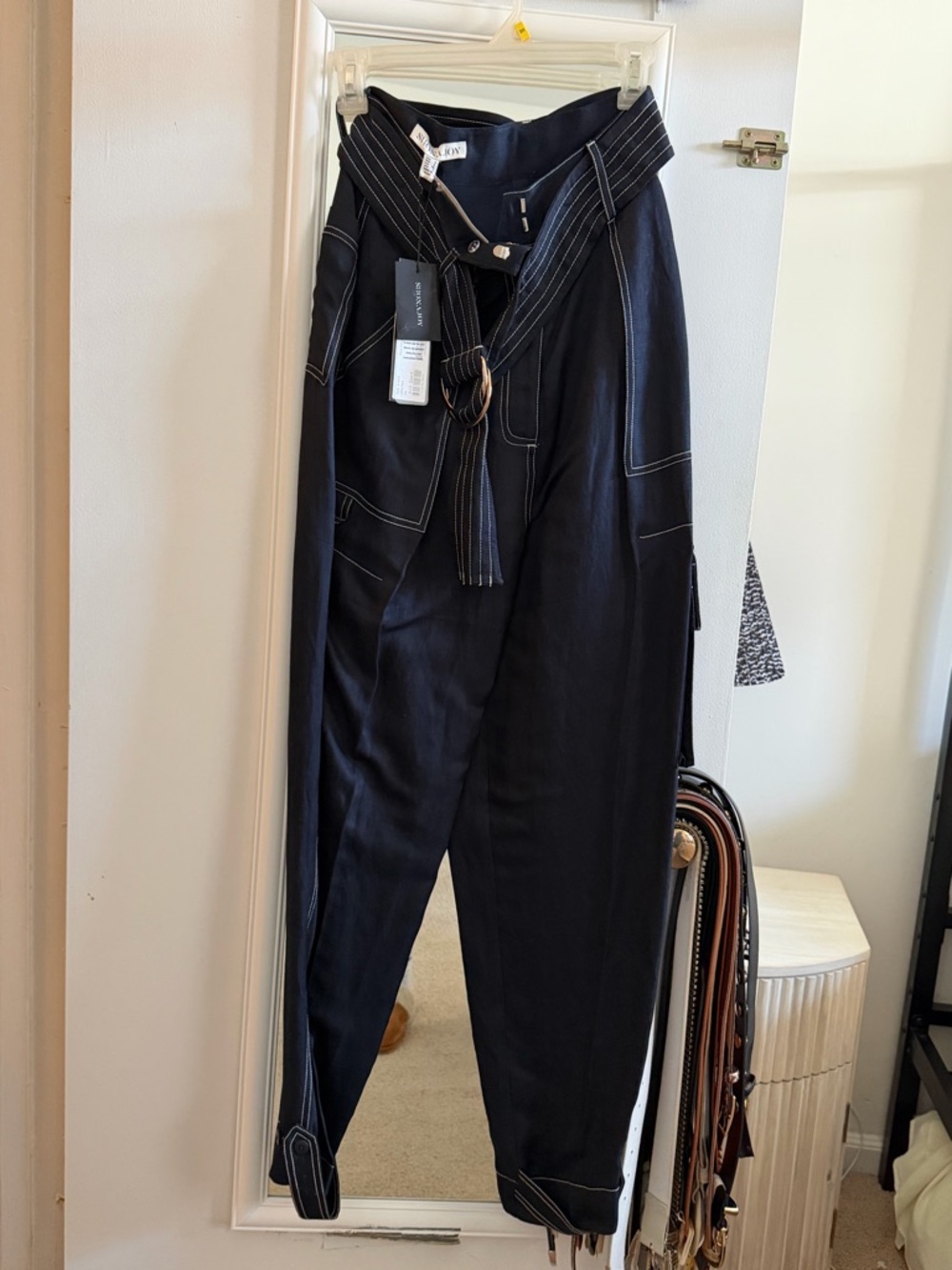 NWT Designer Shona Joy Black Wide-Leg Utility Pants with Belt